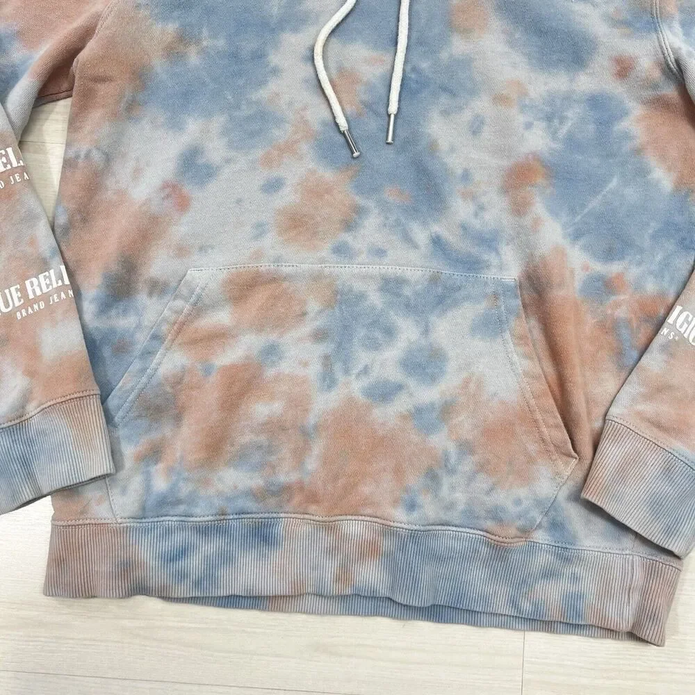 True Religion Hoodie Mens Small Tie Dye Blue Logo Spell Out Sleeves Pockets